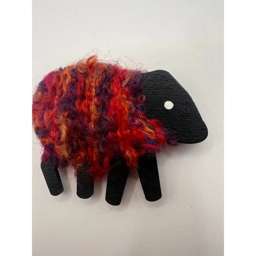 Handmade Black Sheep Brooch Textile Wool Fiber Wood Statement Pin Folk Art 2.75
